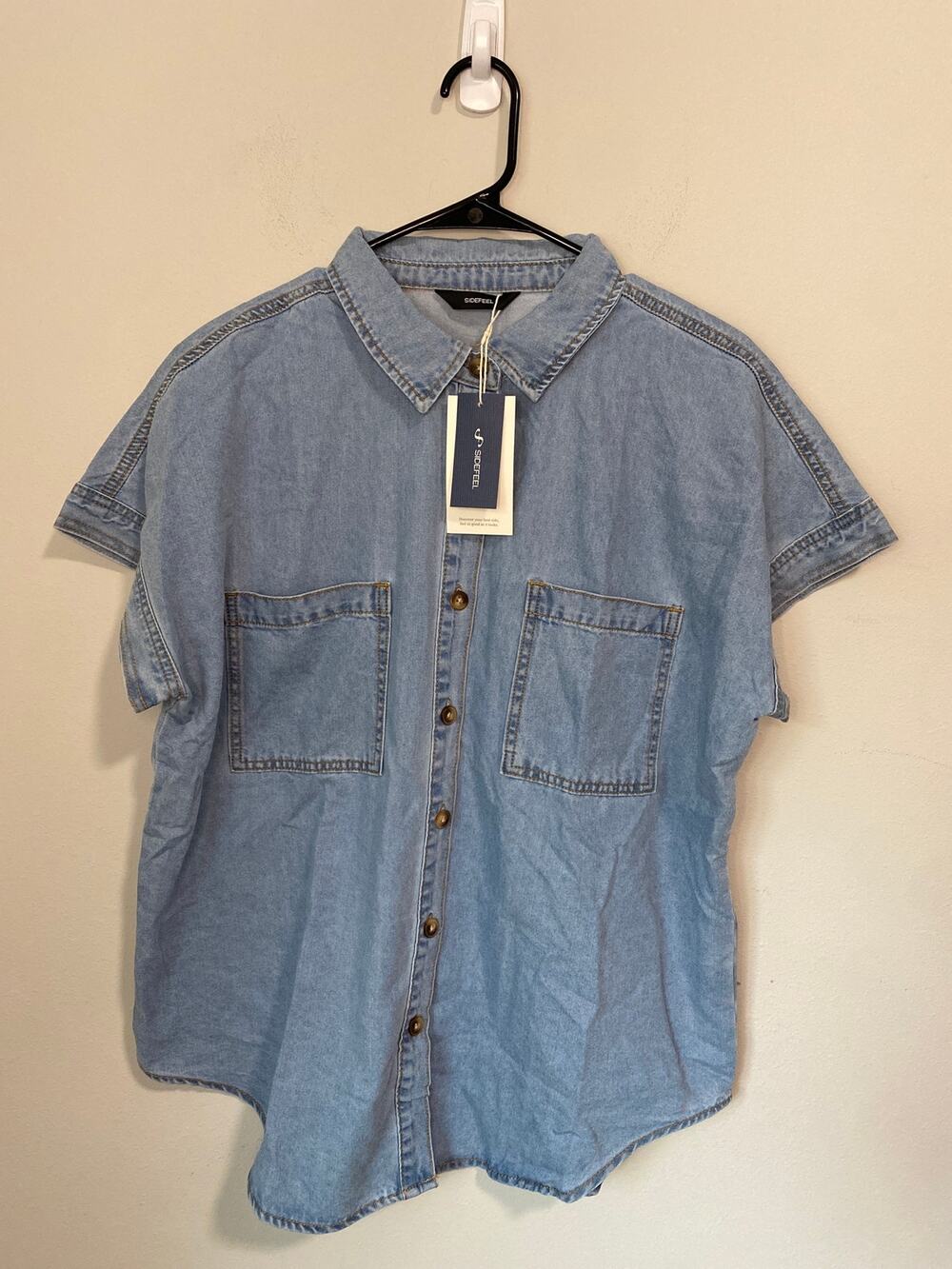 New Sidefeel Women’s Short Sleeve Denim Button Down Shirt Size XL
